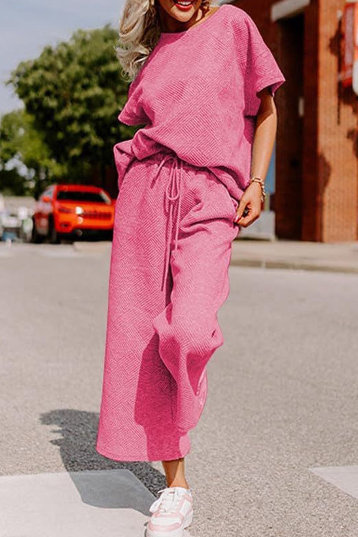 Solid Textured T-shirt Long Pants Set