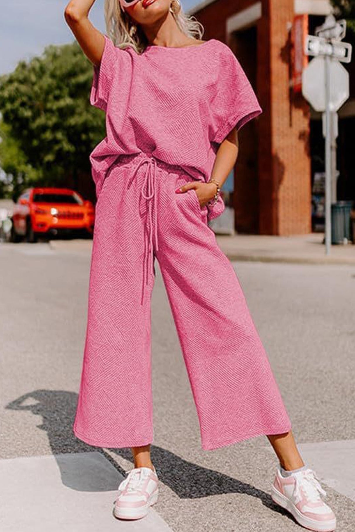 Solid Textured T-shirt Long Pants Set