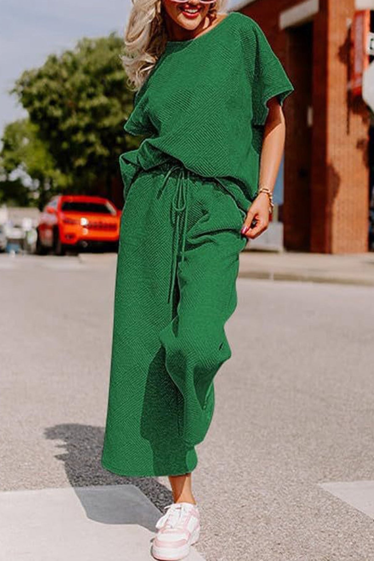 Solid Textured T-shirt Long Pants Set