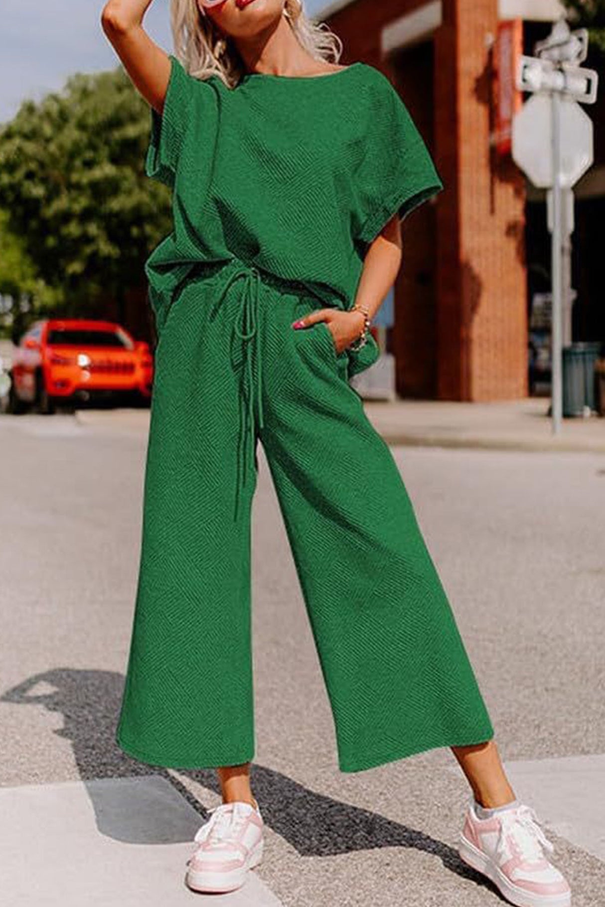 Solid Textured T-shirt Long Pants Set
