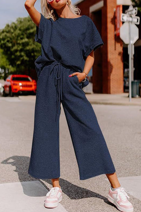Solid Textured T-shirt Long Pants Set