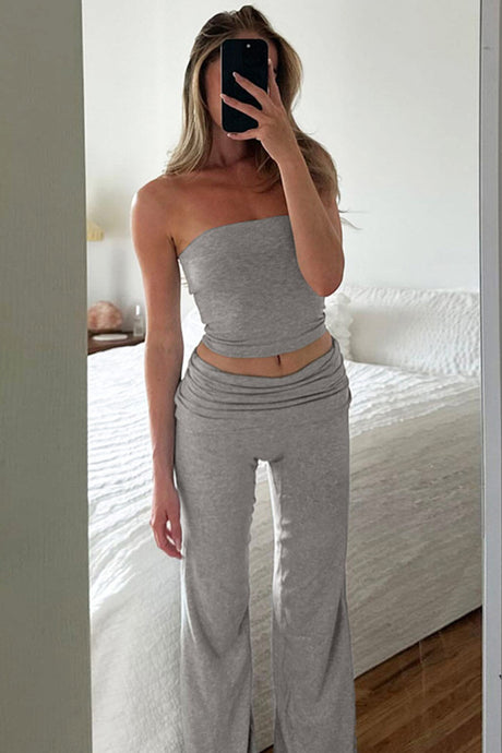 Arolora Solid Tube Top Stacking Flare Pants Set
