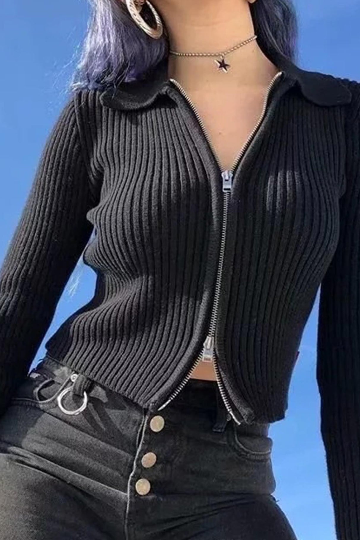 Solid Two-way Zipper Knit Cardigan