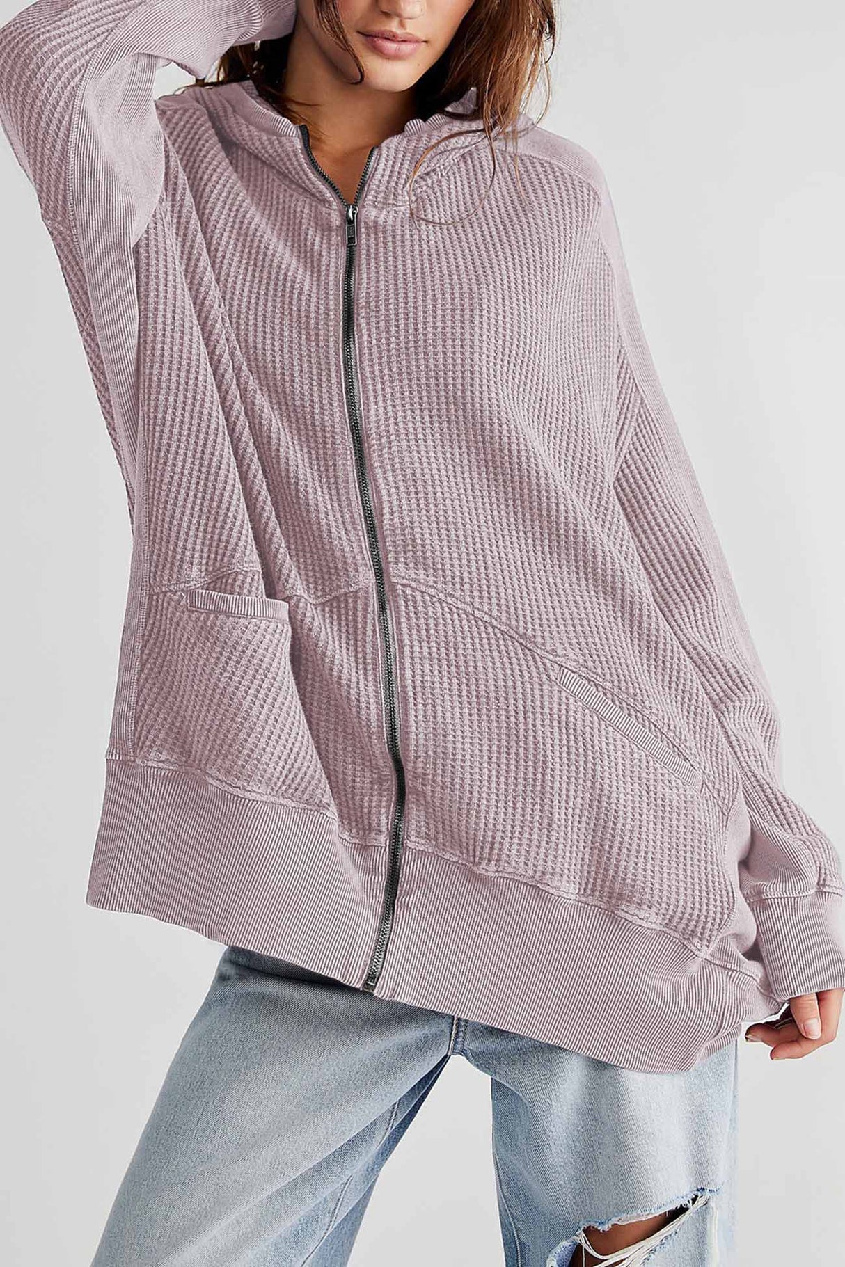 Solid Waffle Zipper Hoodie