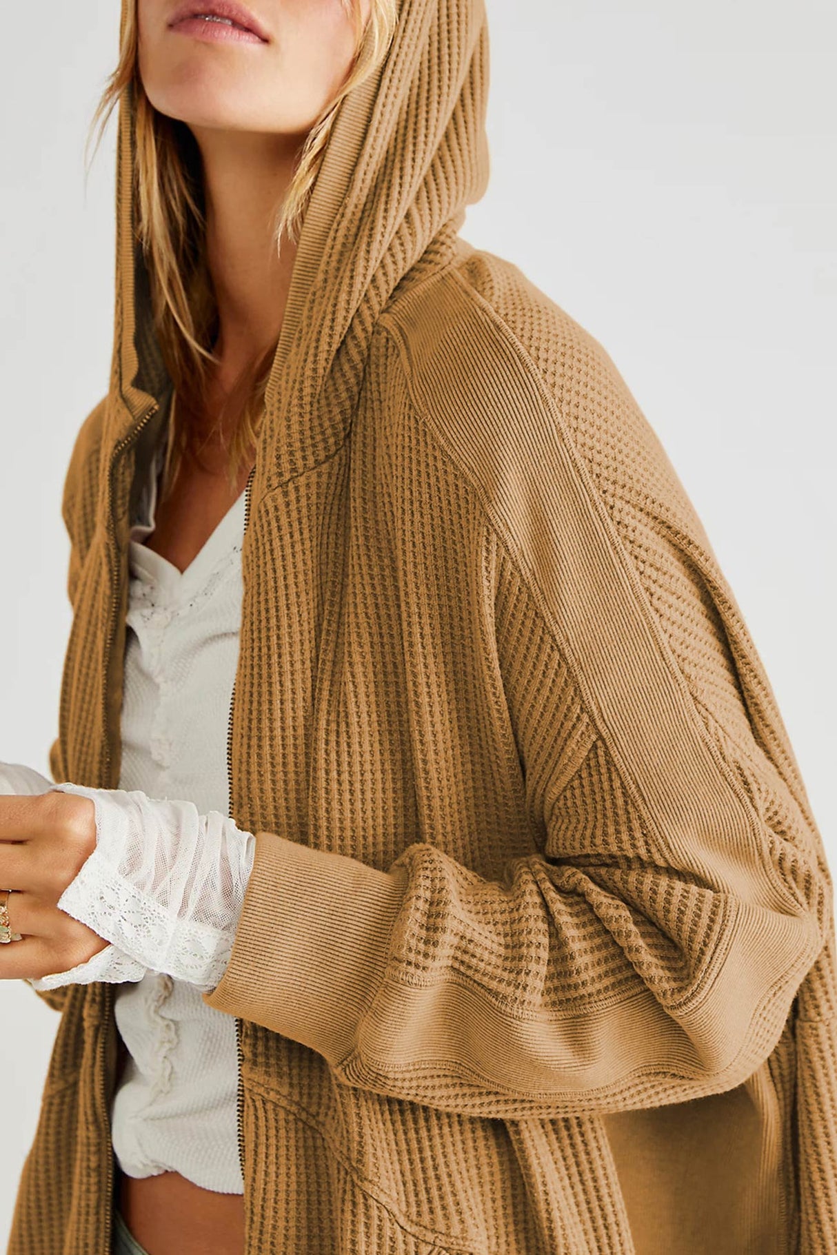 Solid Waffle Zipper Hoodie