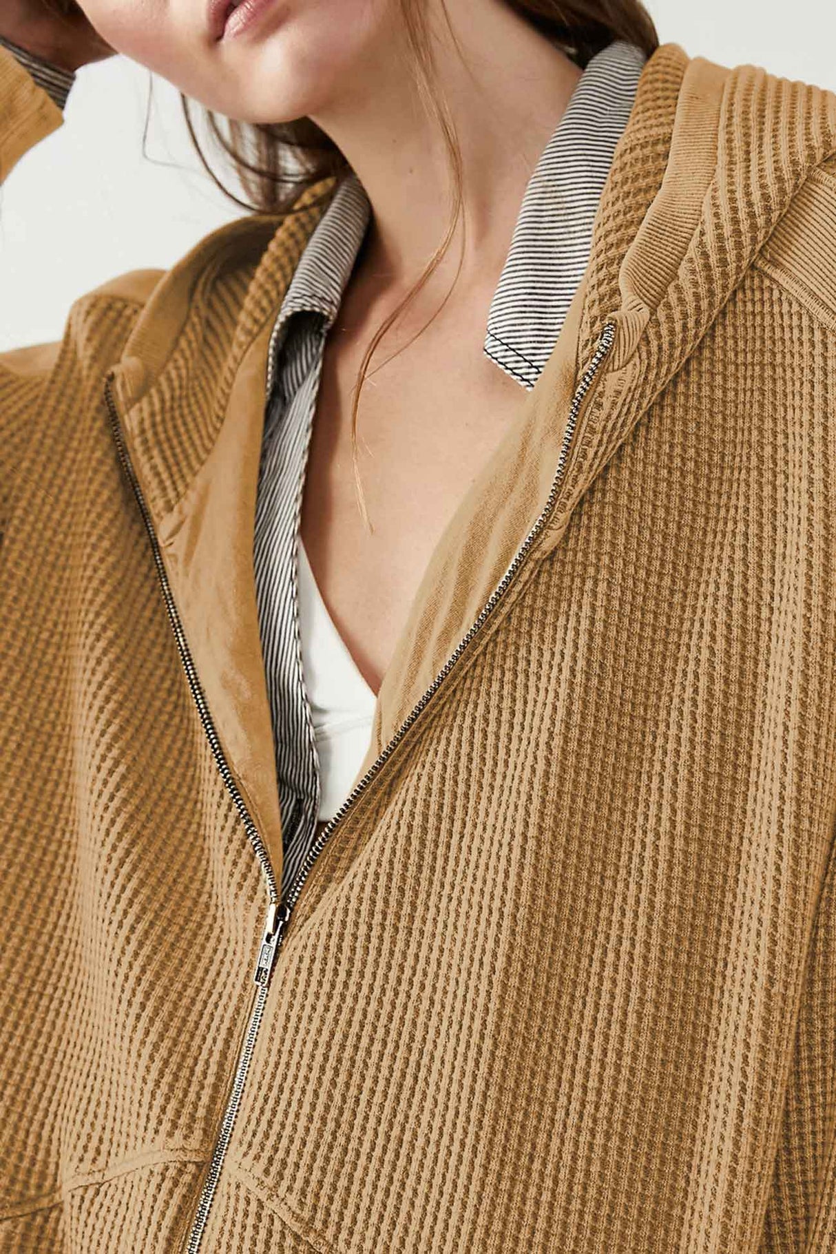 Solid Waffle Zipper Hoodie