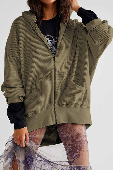 Solid Waffle Zipper Hoodie