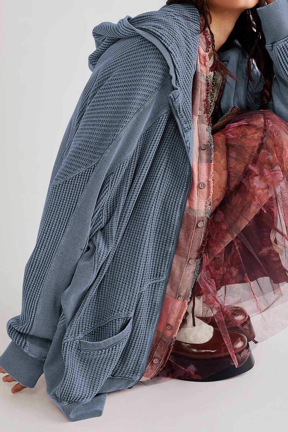 Solid Waffle Zipper Hoodie