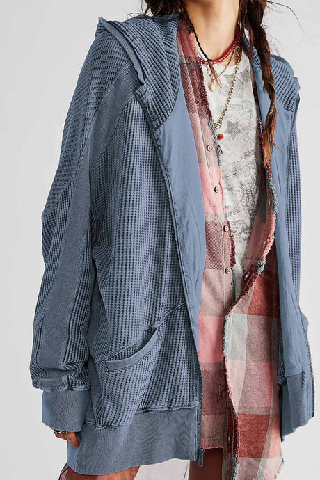 Solid Waffle Zipper Hoodie