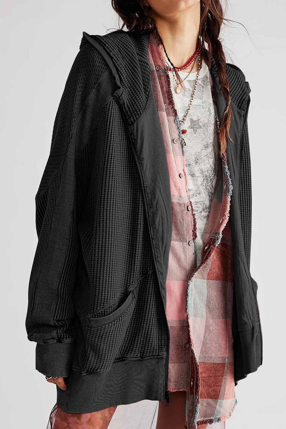 Solid Waffle Zipper Hoodie