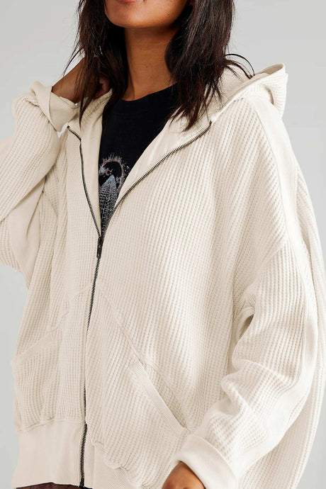 Solid Waffle Zipper Hoodie