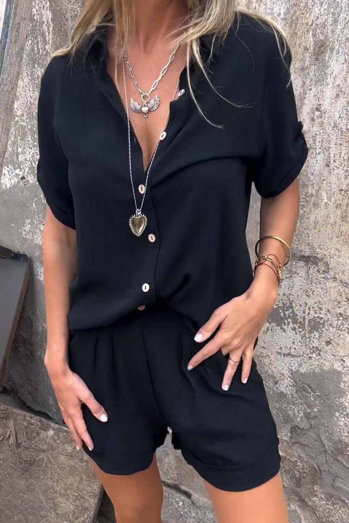 Solid Color Button Down Half Sleeve Shorts Set