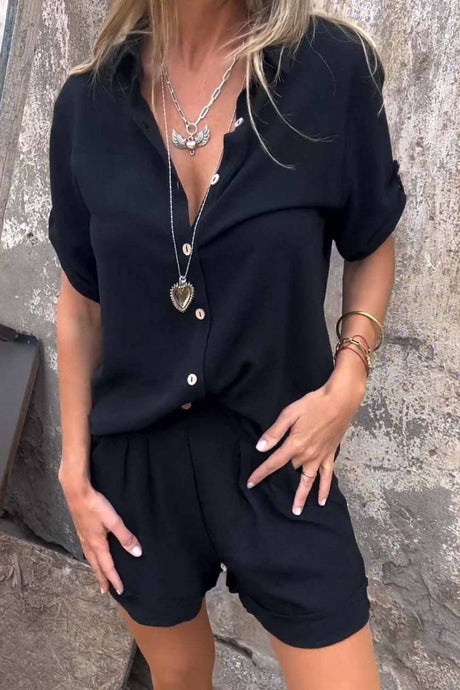 Solid Color Button Down Half Sleeve Shorts Set