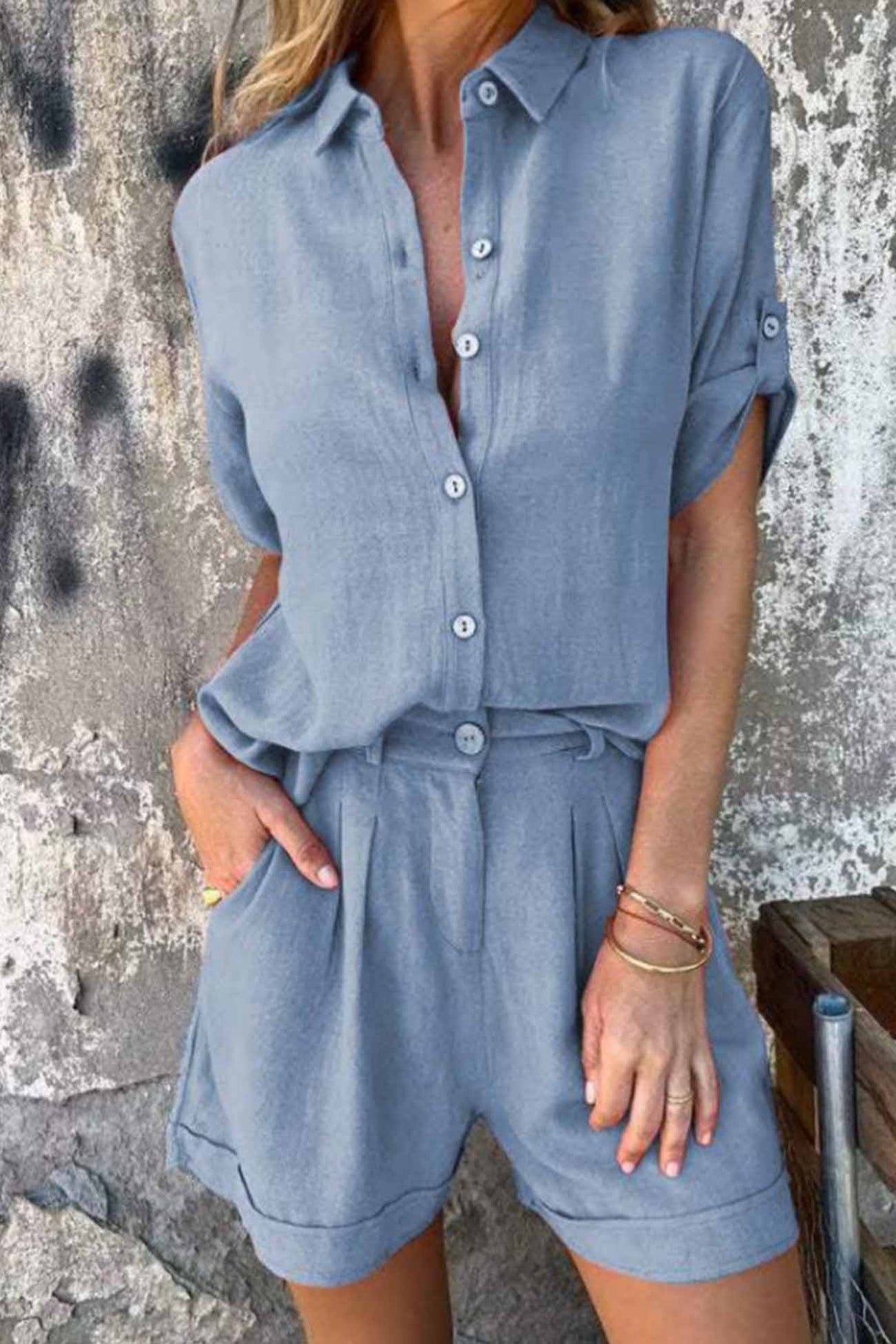 Solid Color Button Down Half Sleeve Shorts Set