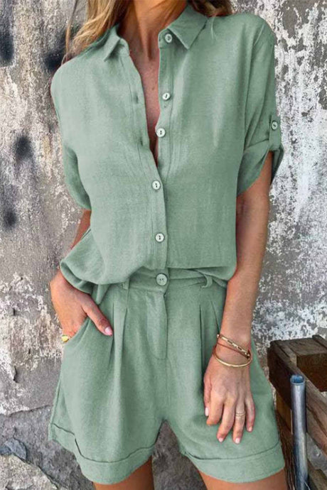 Solid Color Button Down Half Sleeve Shorts Set