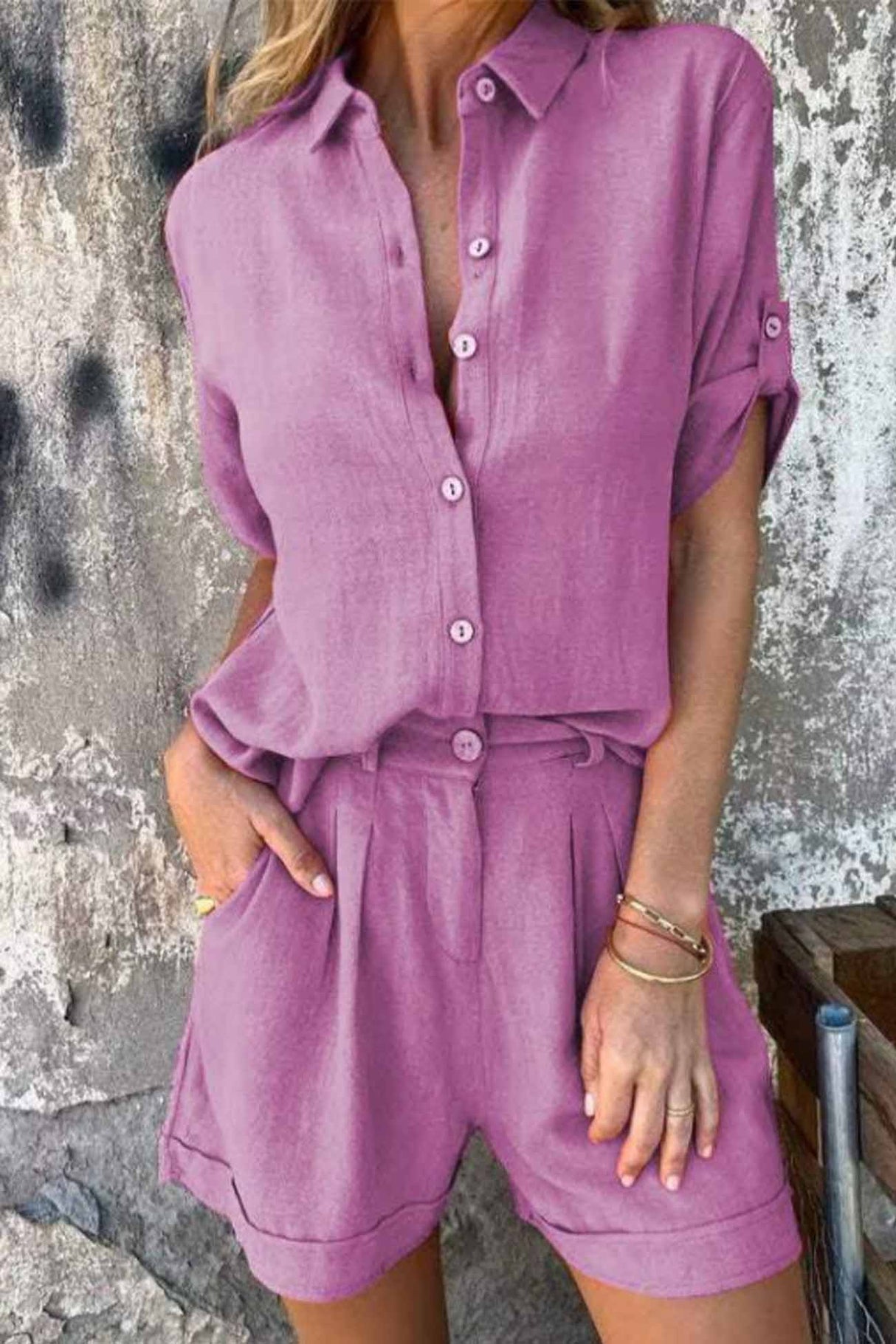 Solid Color Button Down Half Sleeve Shorts Set