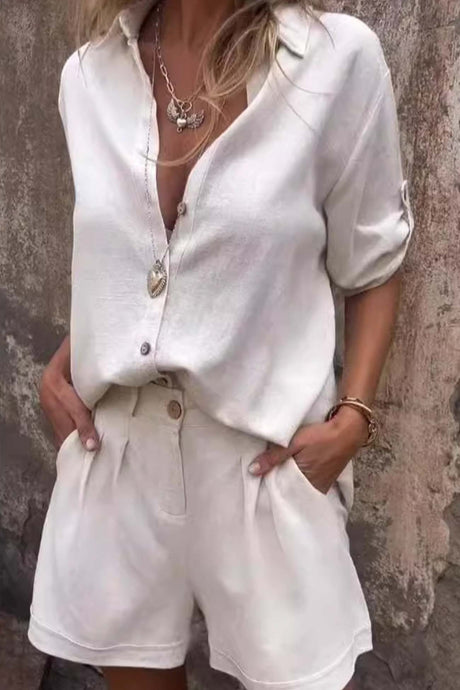 Solid Color Button Down Half Sleeve Shorts Set