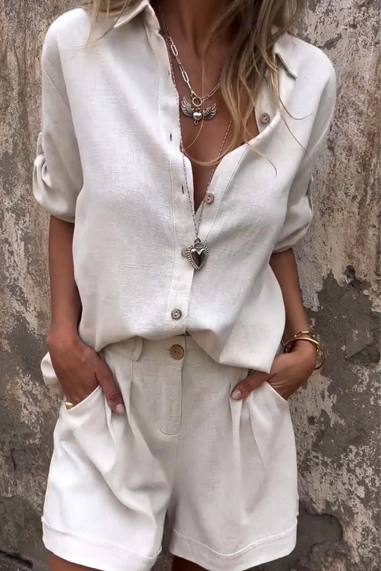 Solid Color Button Down Half Sleeve Shorts Set