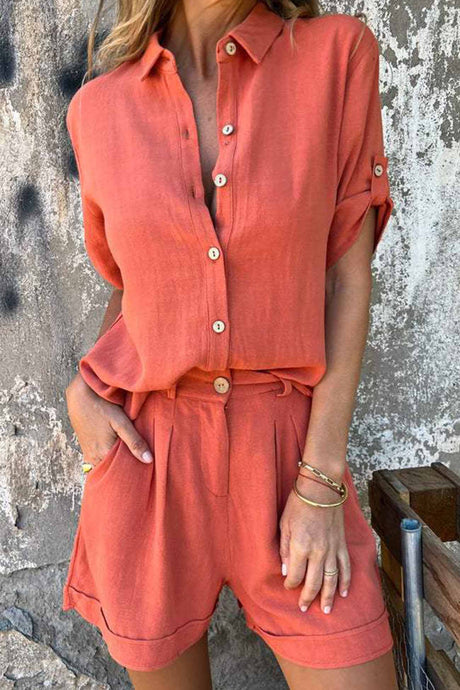 Solid Color Button Down Half Sleeve Shorts Set