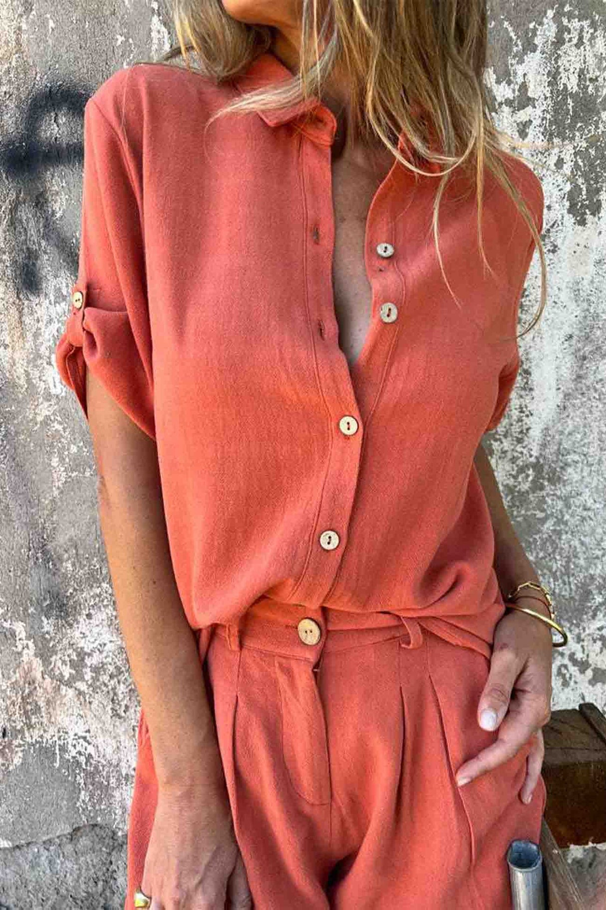 Solid Color Button Down Half Sleeve Shorts Set