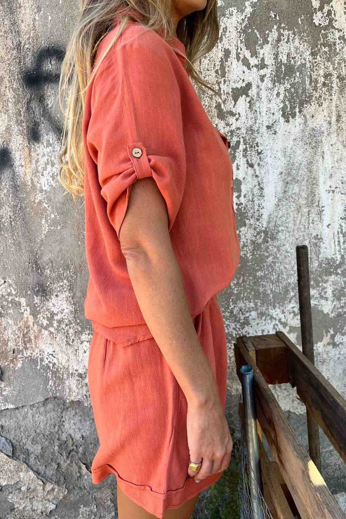 Solid Color Button Down Half Sleeve Shorts Set