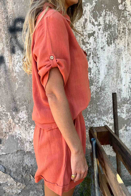 Solid Color Button Down Half Sleeve Shorts Set