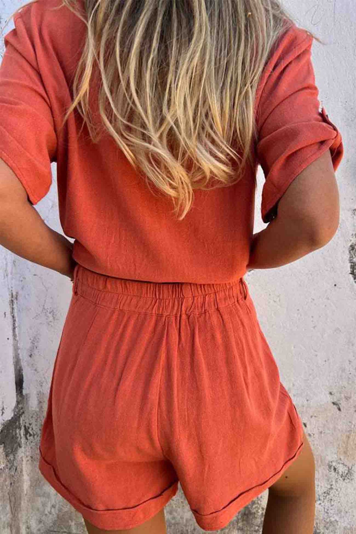 Solid Color Button Down Half Sleeve Shorts Set