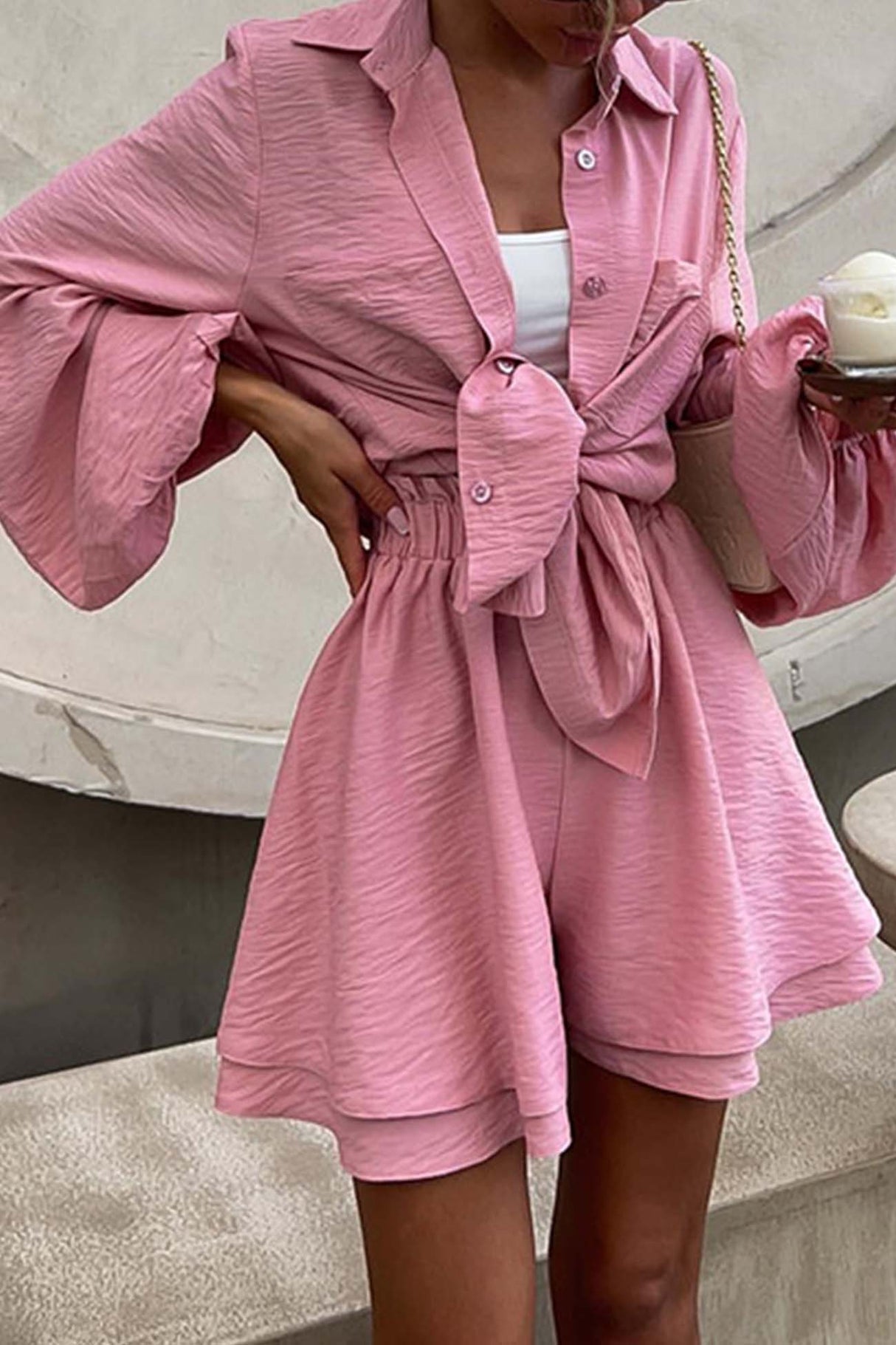 Solid Color Puff Sleeve Shirt Shorts Set
