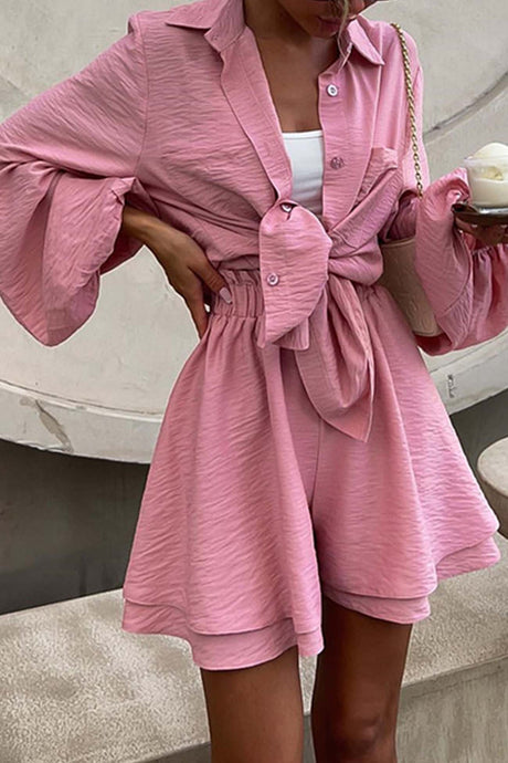 Solid Color Puff Sleeve Shirt Shorts Set