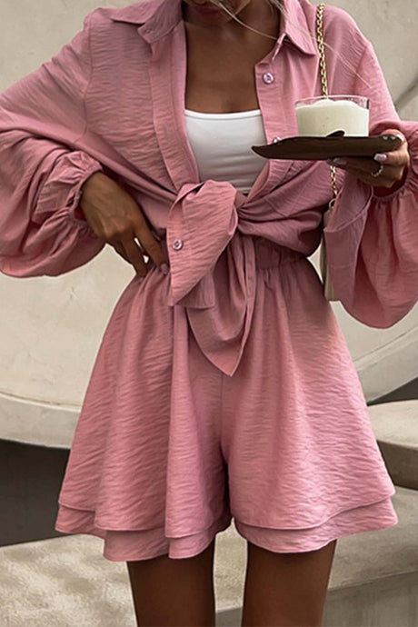 Solid Color Puff Sleeve Shirt Shorts Set
