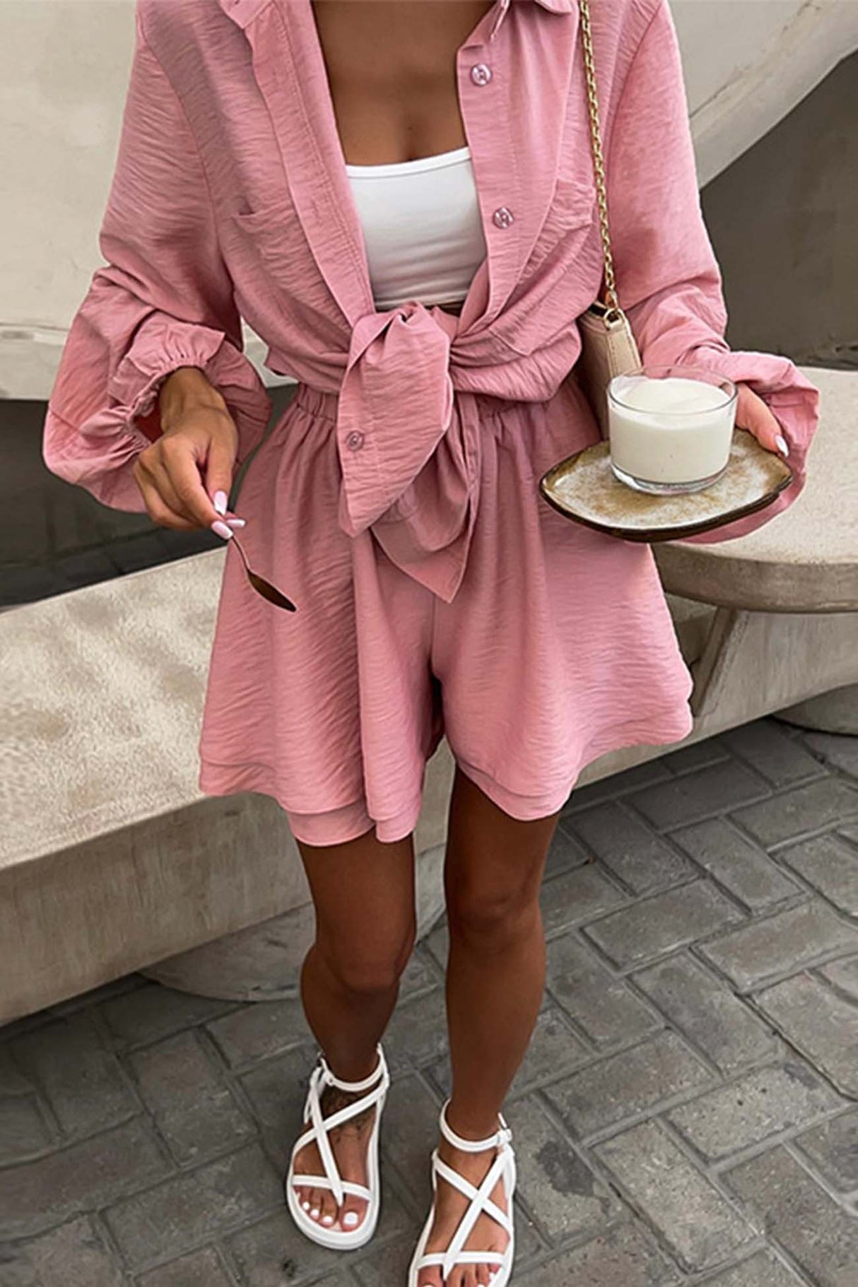 Solid Color Puff Sleeve Shirt Shorts Set