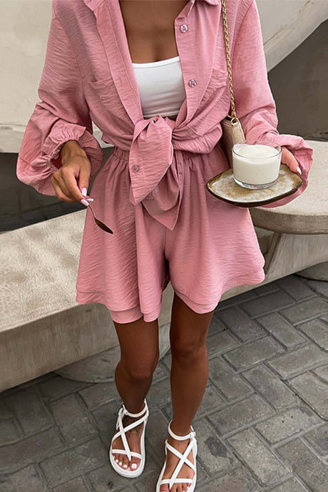 Solid Color Puff Sleeve Shirt Shorts Set