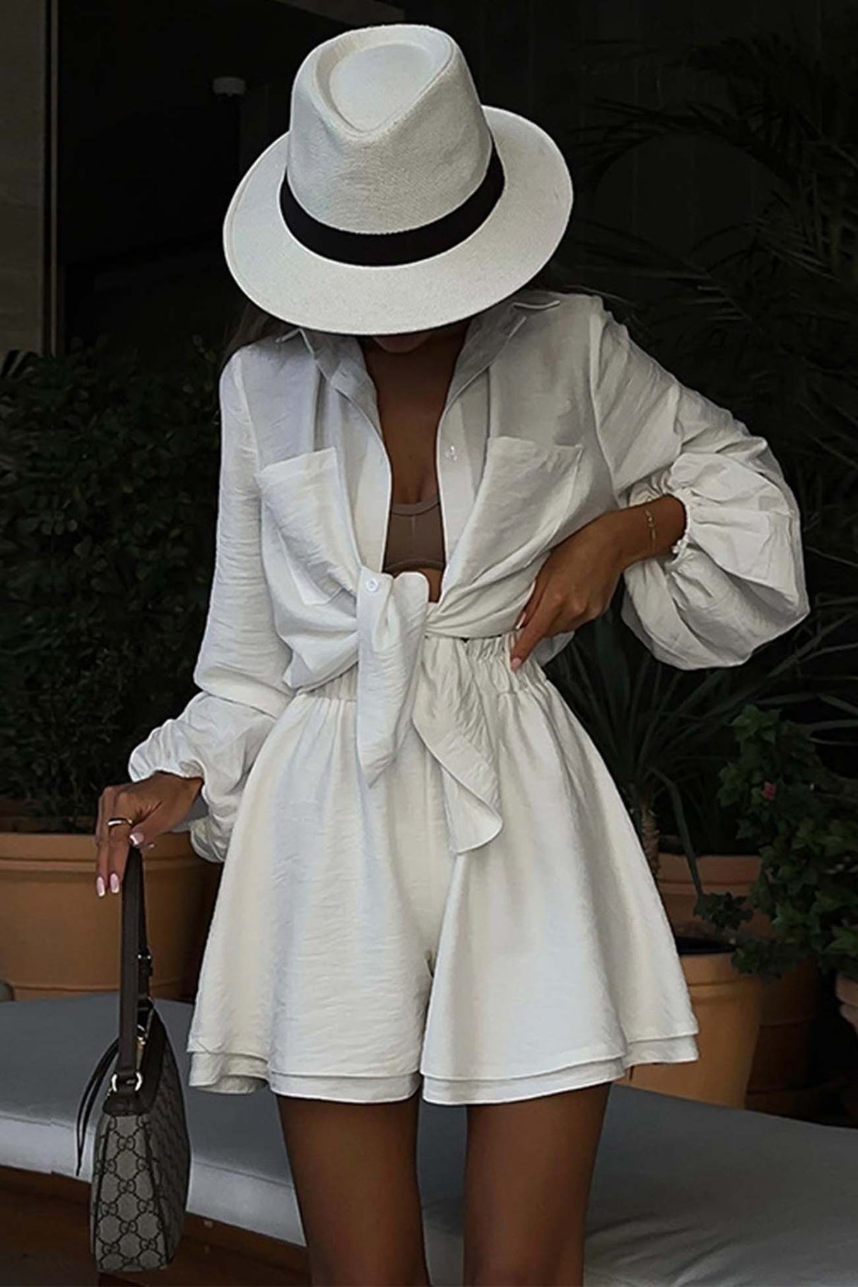 Solid Color Puff Sleeve Shirt Shorts Set