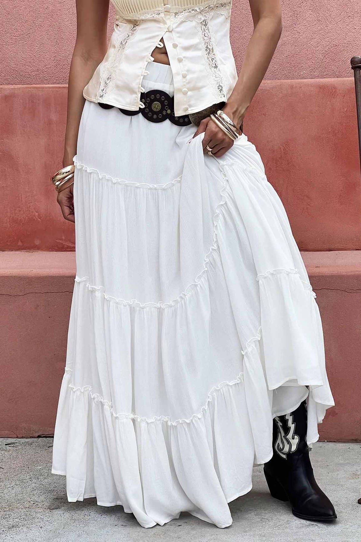 Solid Color Ruffled Tiered Skirt