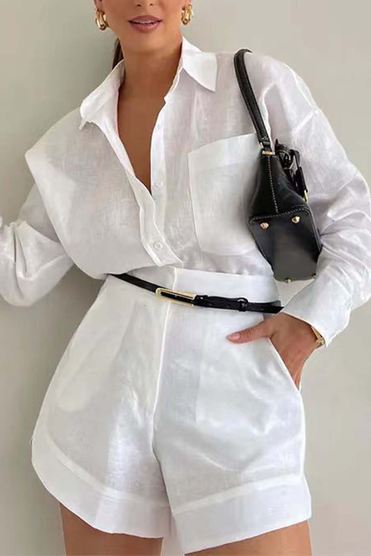 Solid Color Shorts Long Sleeve Shirt Suit