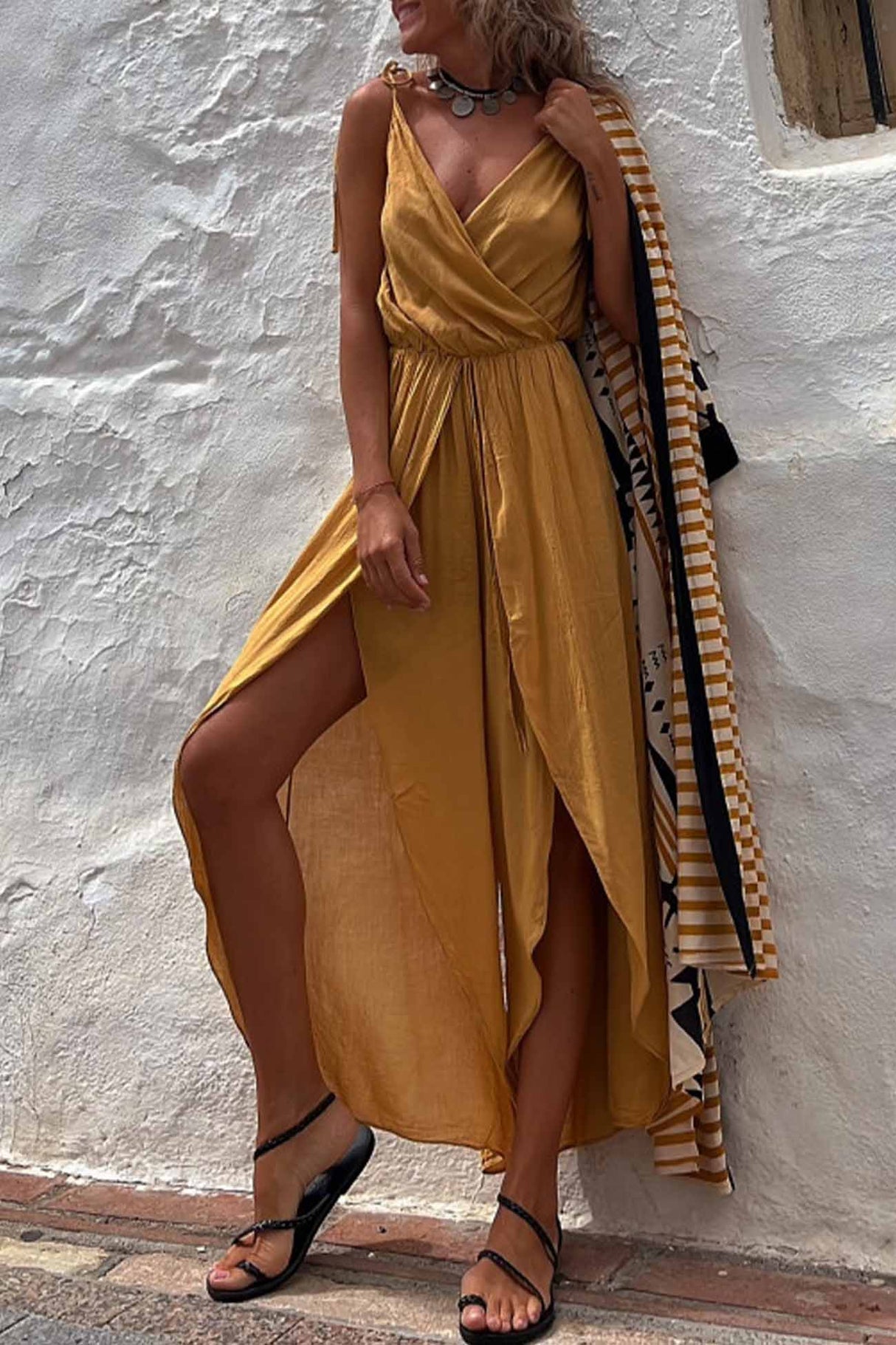 Solid Color V Neck Sleeveless Slit Jumpsuit