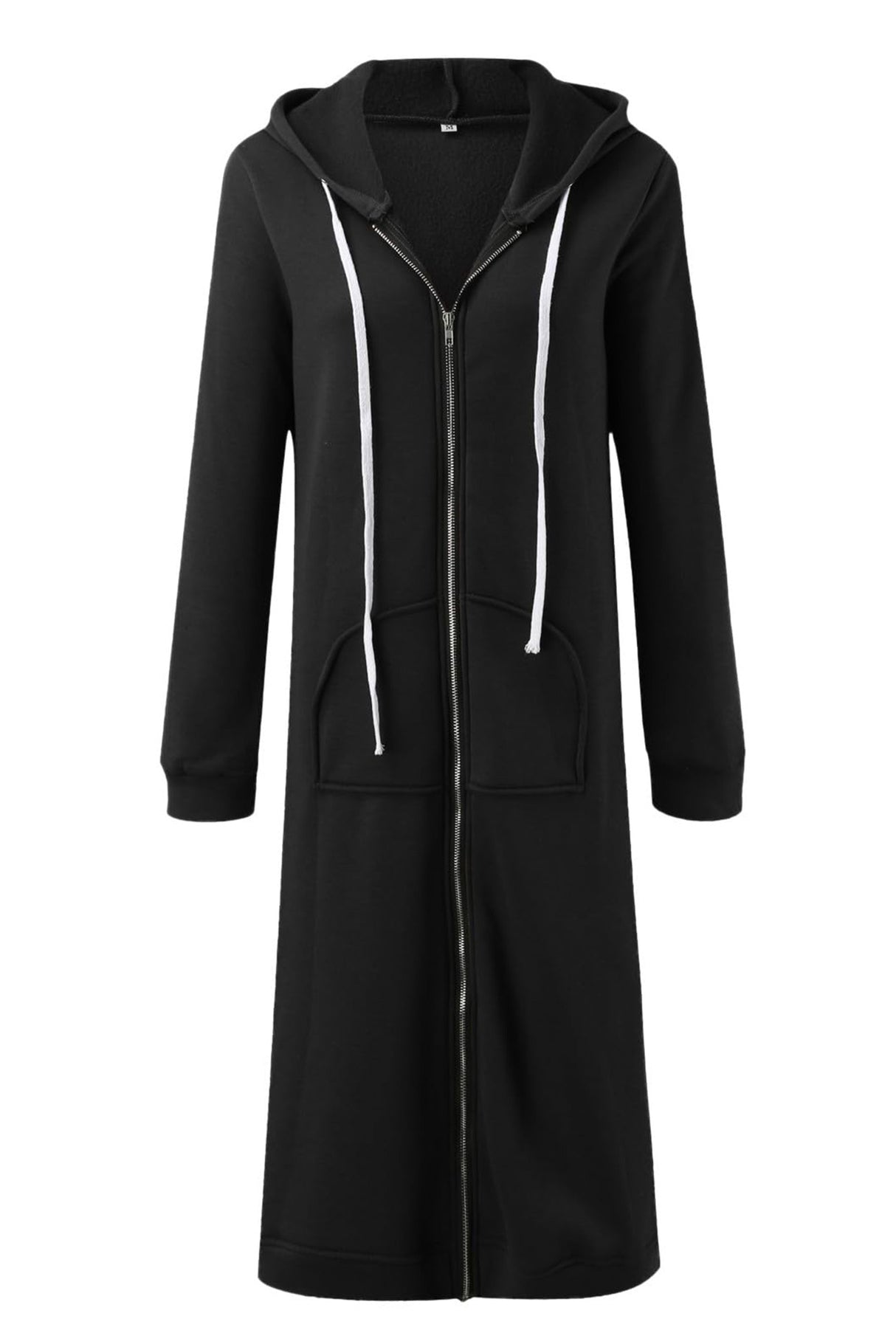 Solid Zip Up Drawstring Hooded Long Cardigan