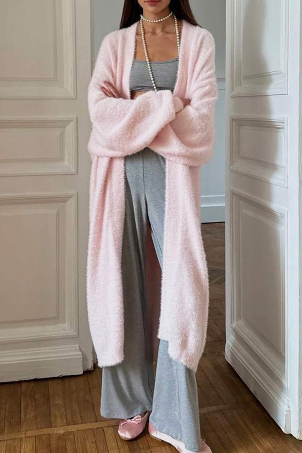 Solid Color Fuzzy Long Cardigan