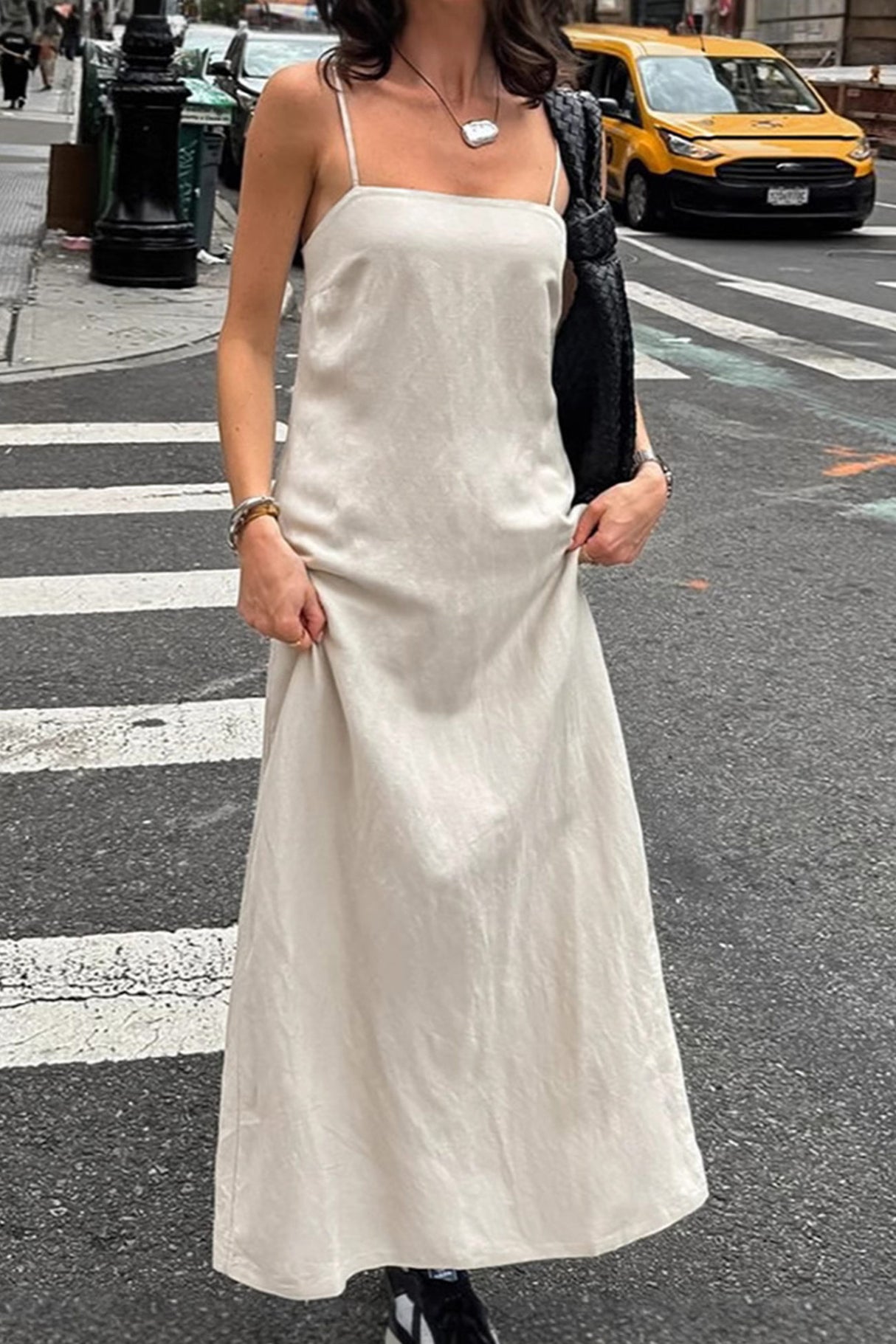 Arolora Spaghetti Straps A-line Cotton Linen Dress