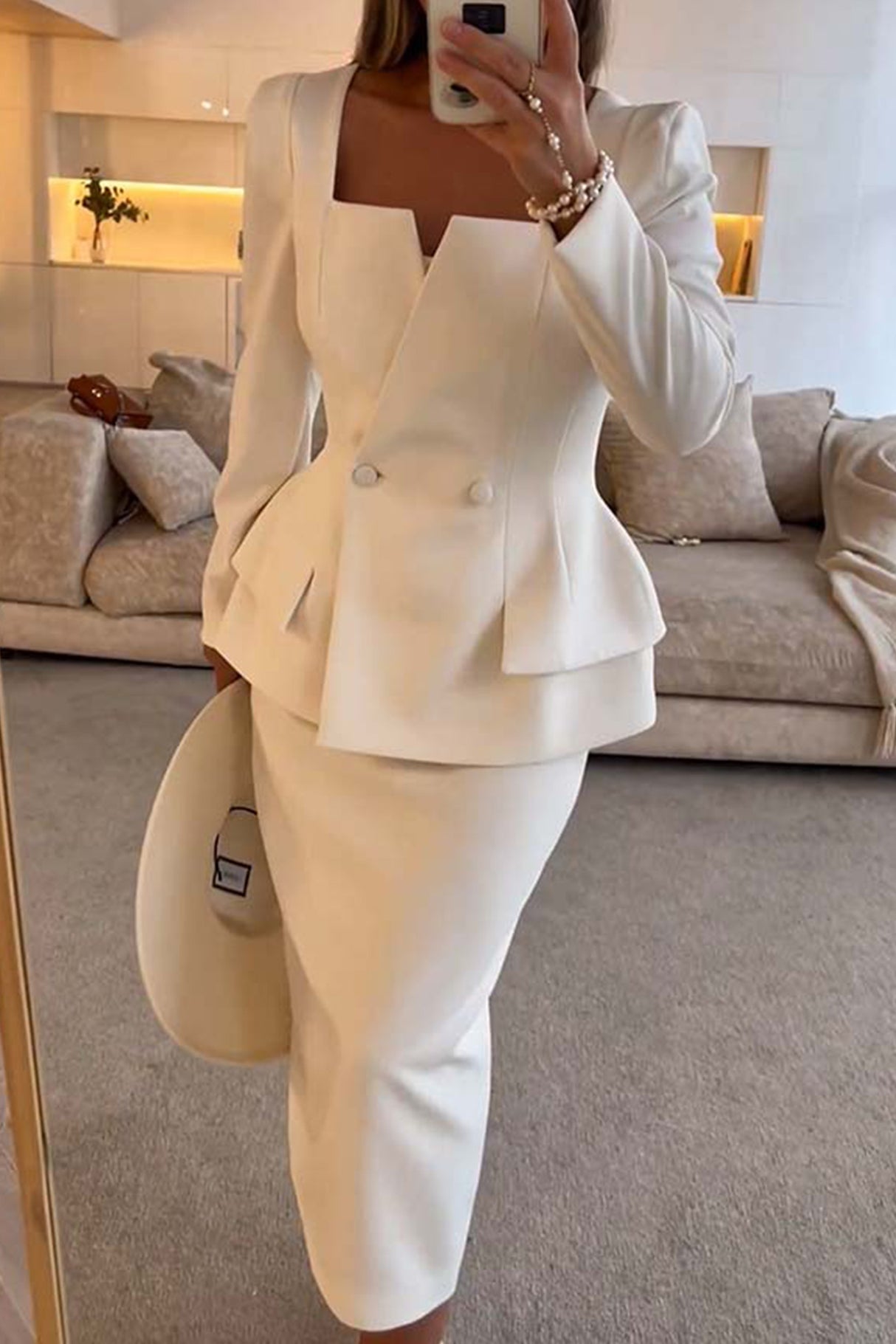 Square Neck Bubble Silhouette Top Midi Skirt Sets