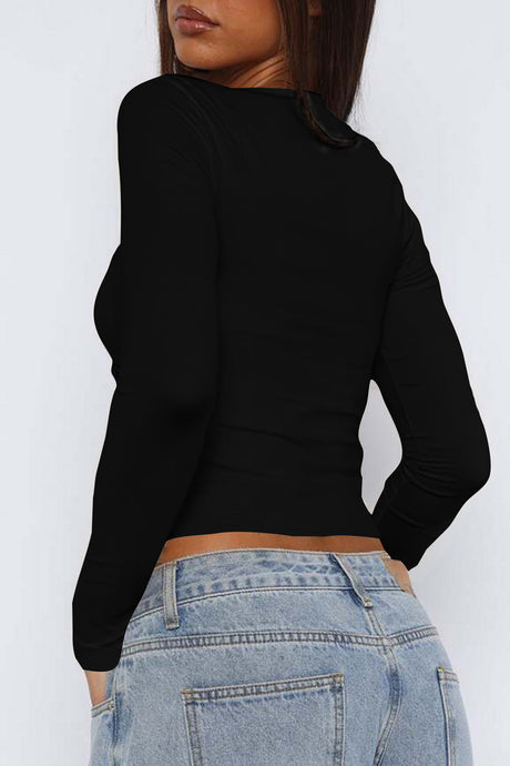 Arolora Square Neck Cutout Long Sleeve Crop Top