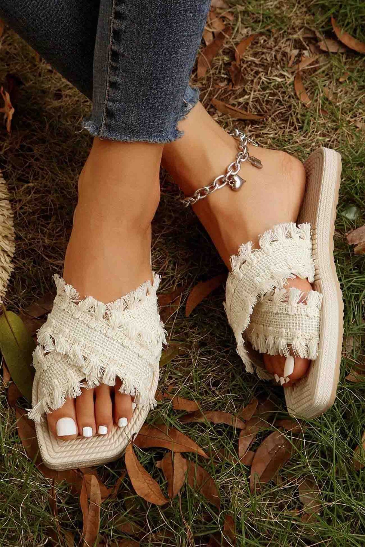 Square Toe Fringe Cross Slide Sandals