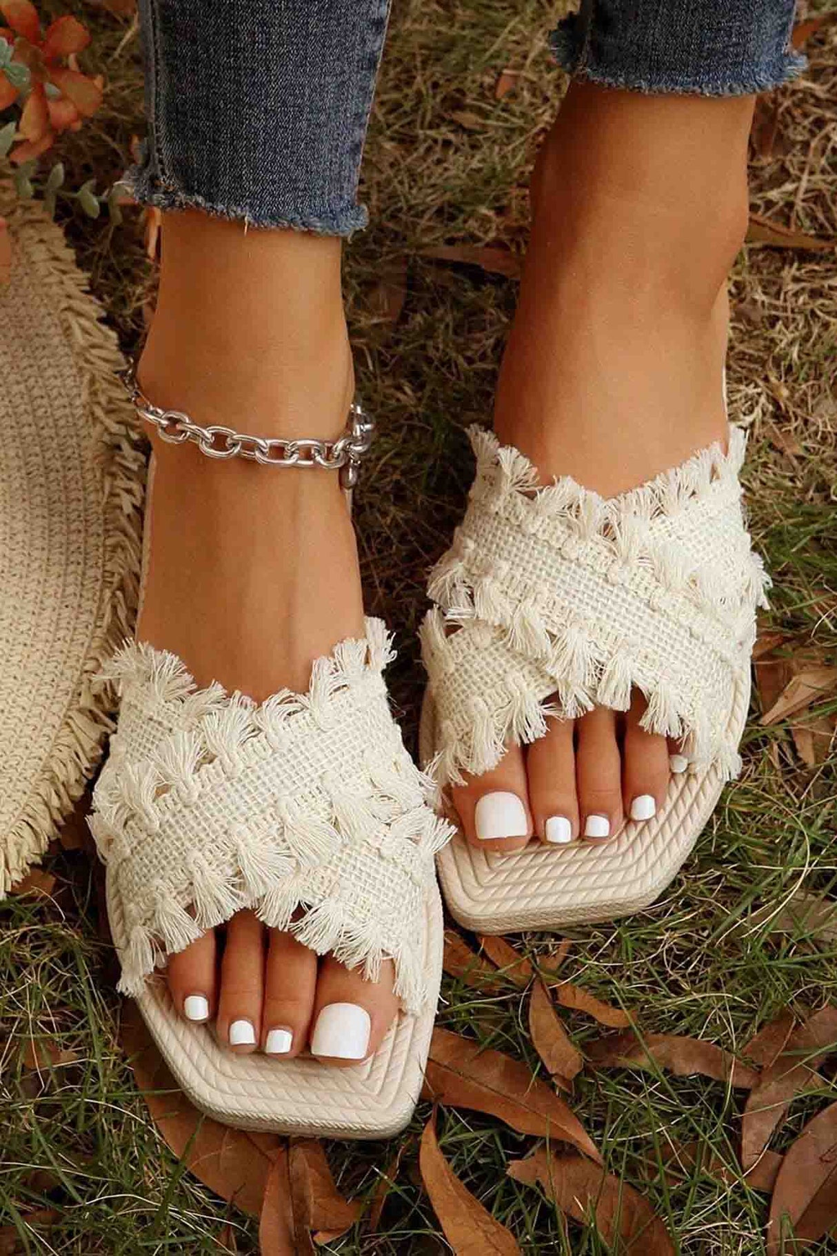 Square Toe Fringe Cross Slide Sandals