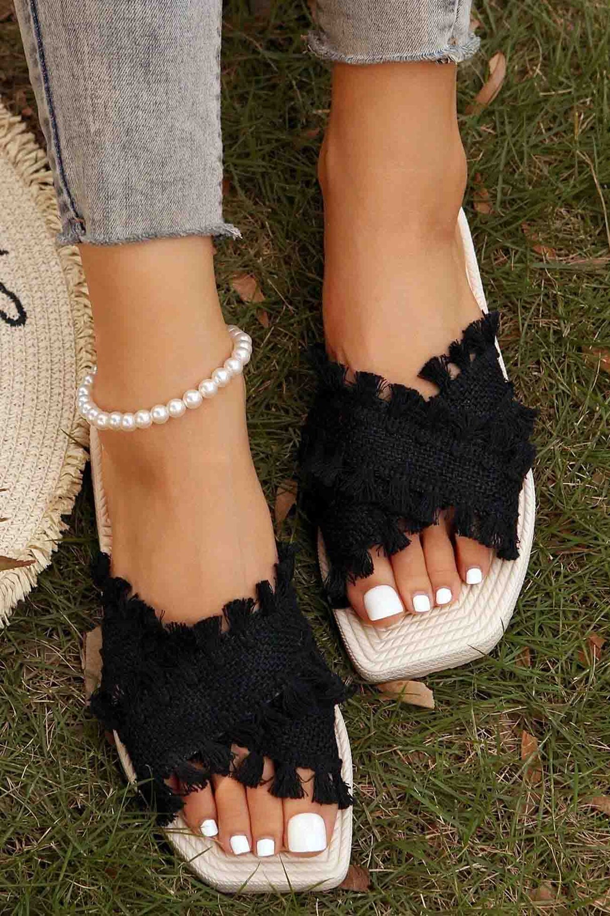 Square Toe Fringe Cross Slide Sandals