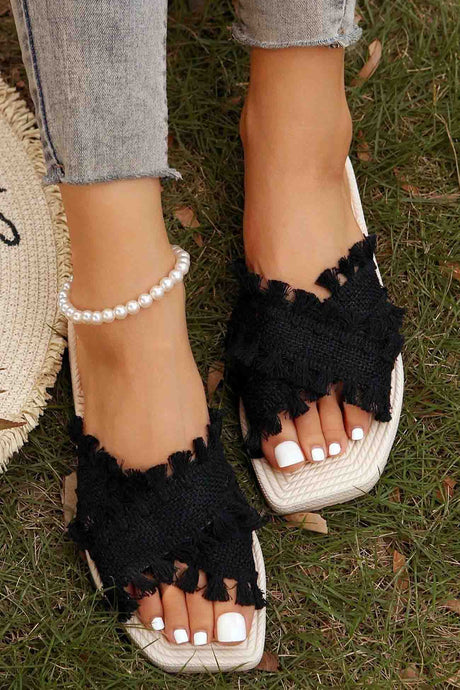 Square Toe Fringe Cross Slide Sandals