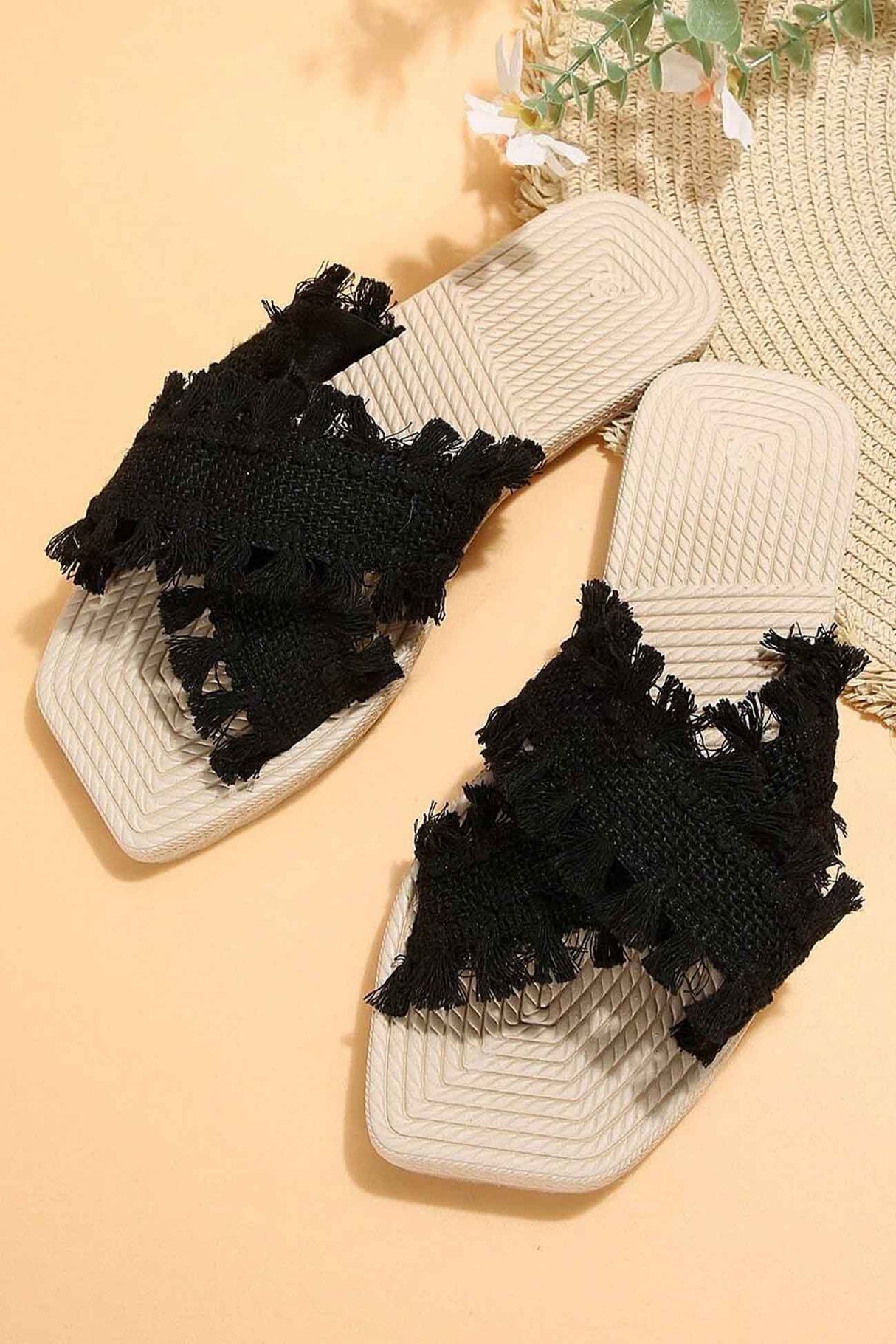 Square Toe Fringe Cross Slide Sandals