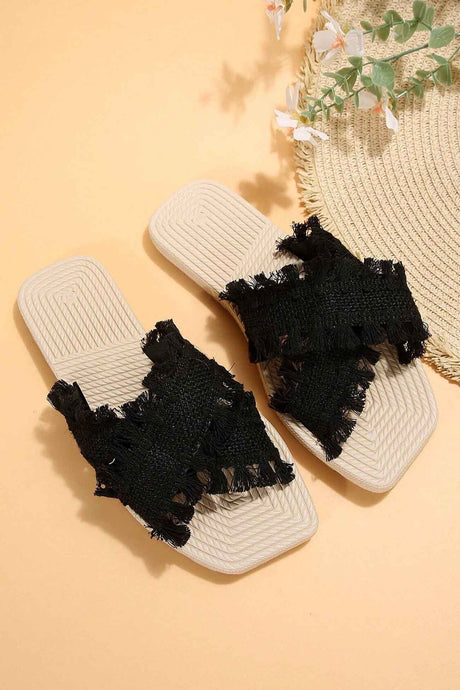 Square Toe Fringe Cross Slide Sandals