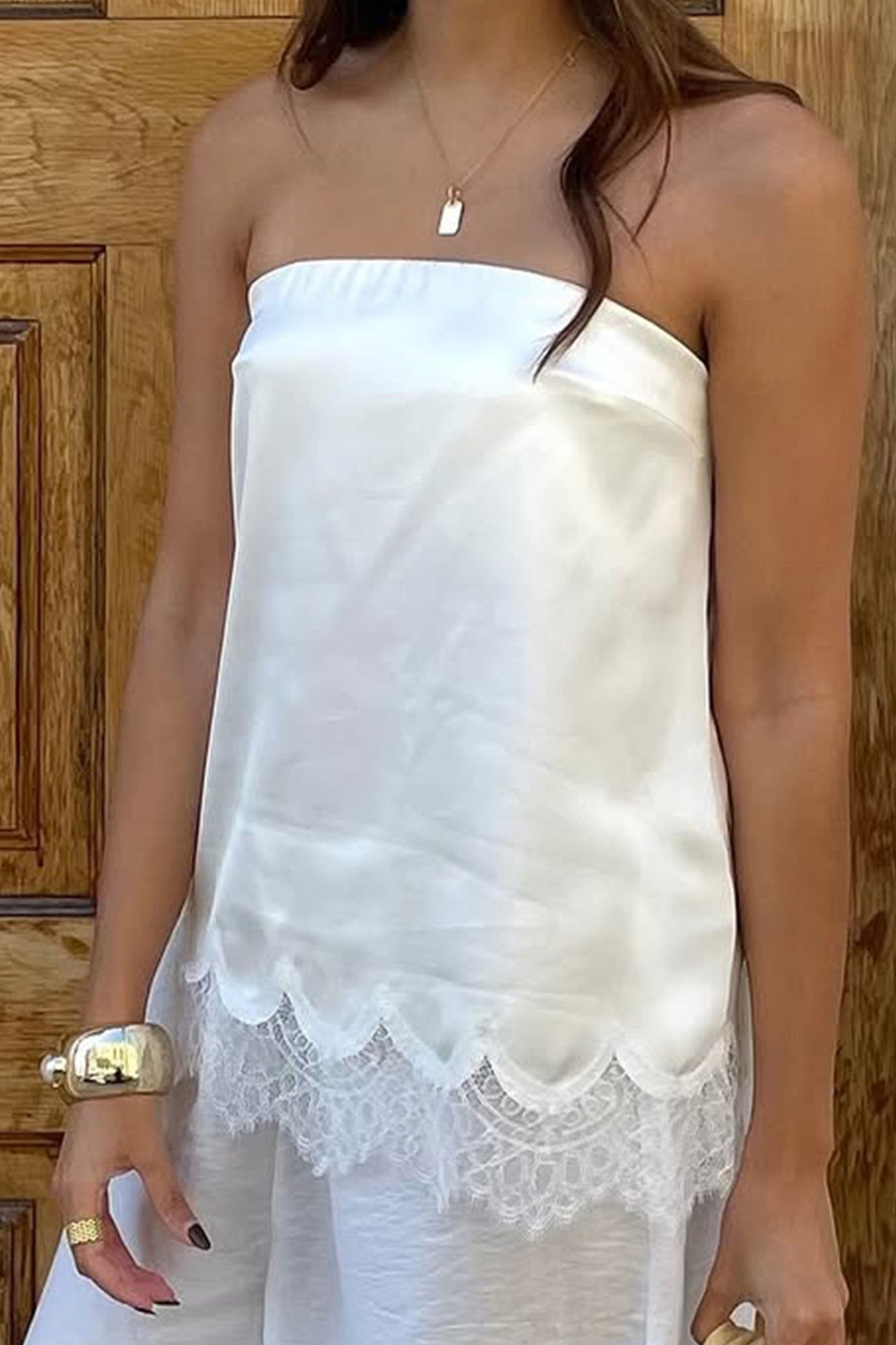 Lace Hem Satin Strapless Tops