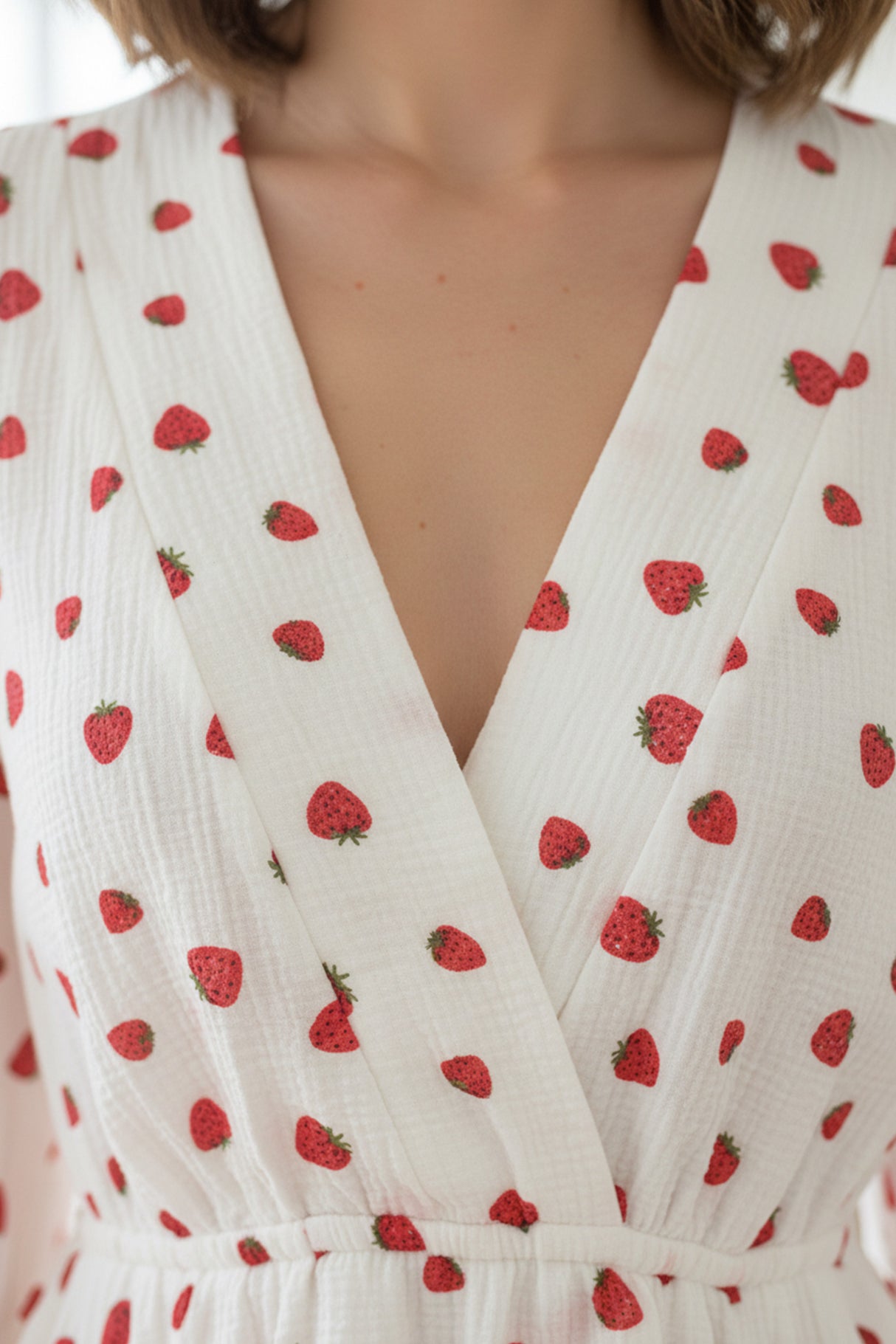 Strawberry Print Puff Sleeve Cotton Dress