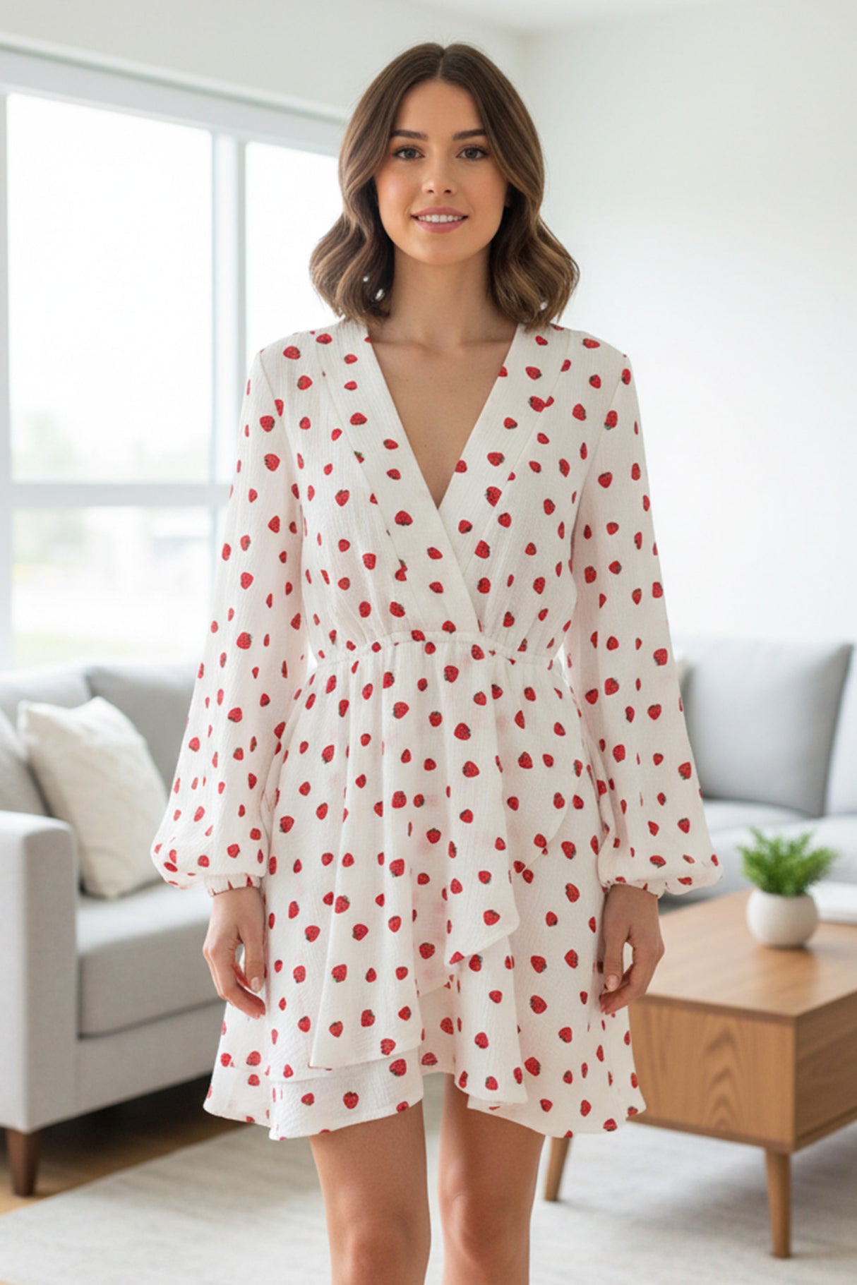 Strawberry Print Puff Sleeve Cotton Dress
